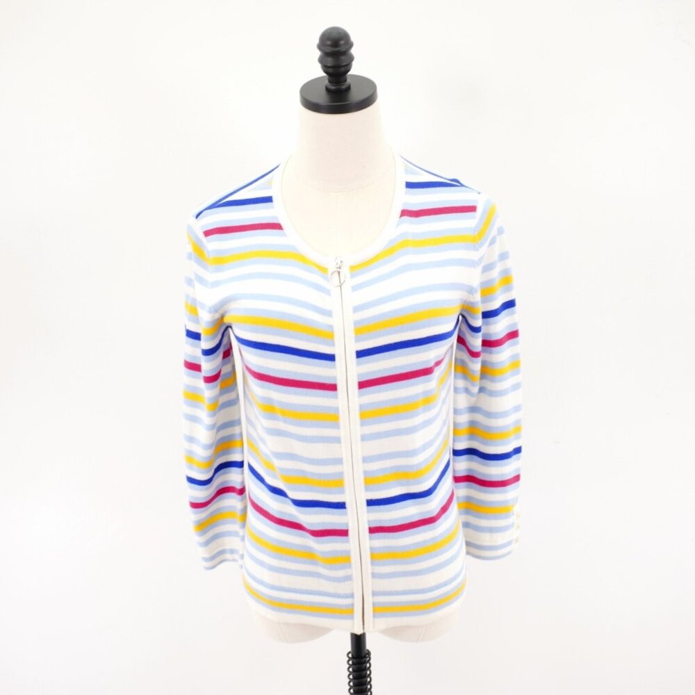 Orvis White Blue Yellow‎ Red Yellow Striped Zip Front Scoop Neck XS Sweater